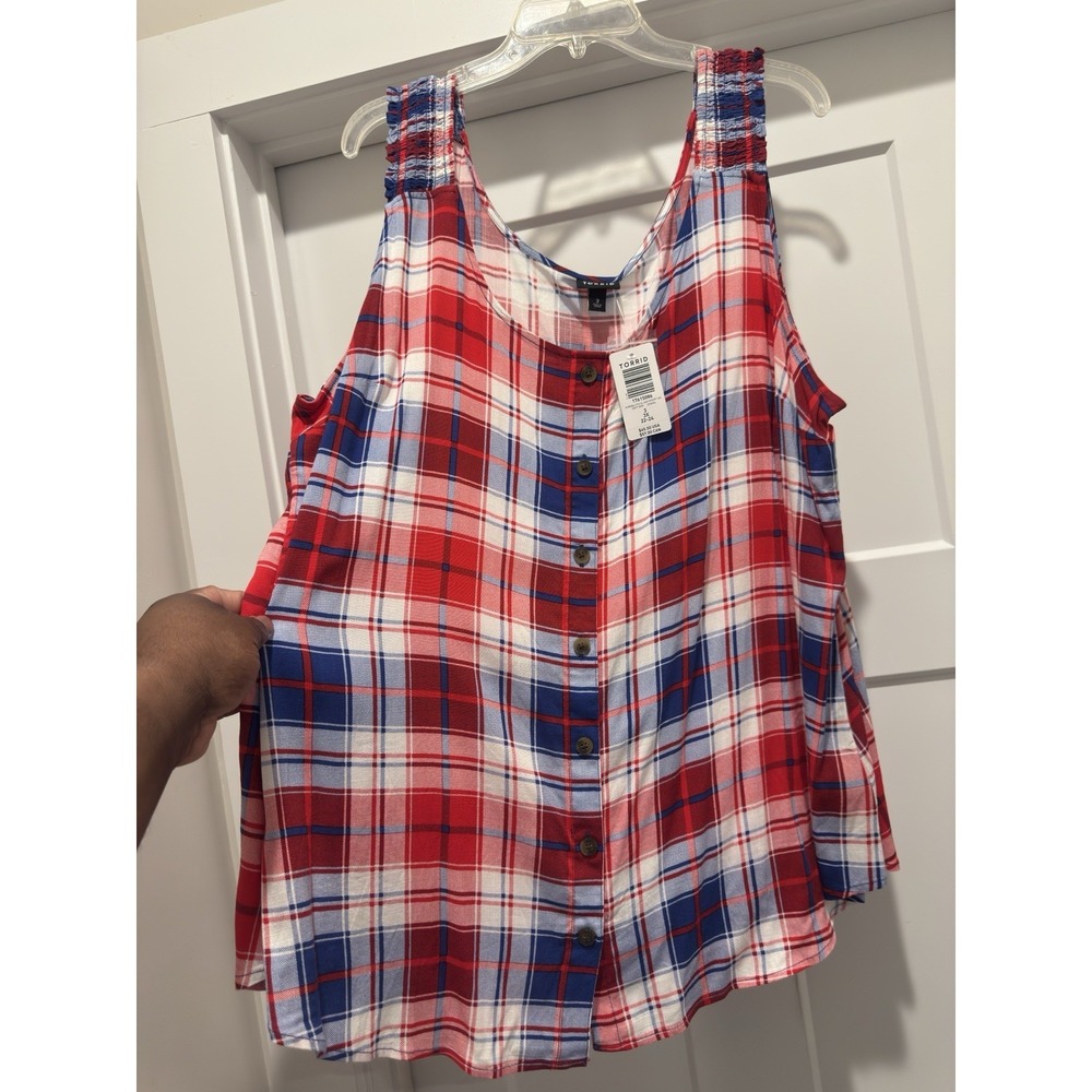 Torrid 3X Slub Button Front Tank Plaid Rayon Red White Blue ( 22-24) Top - Picture 2 of 6